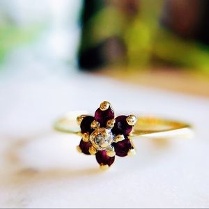 10K Yellow Gold Red Ruby Diamond Flower Ring